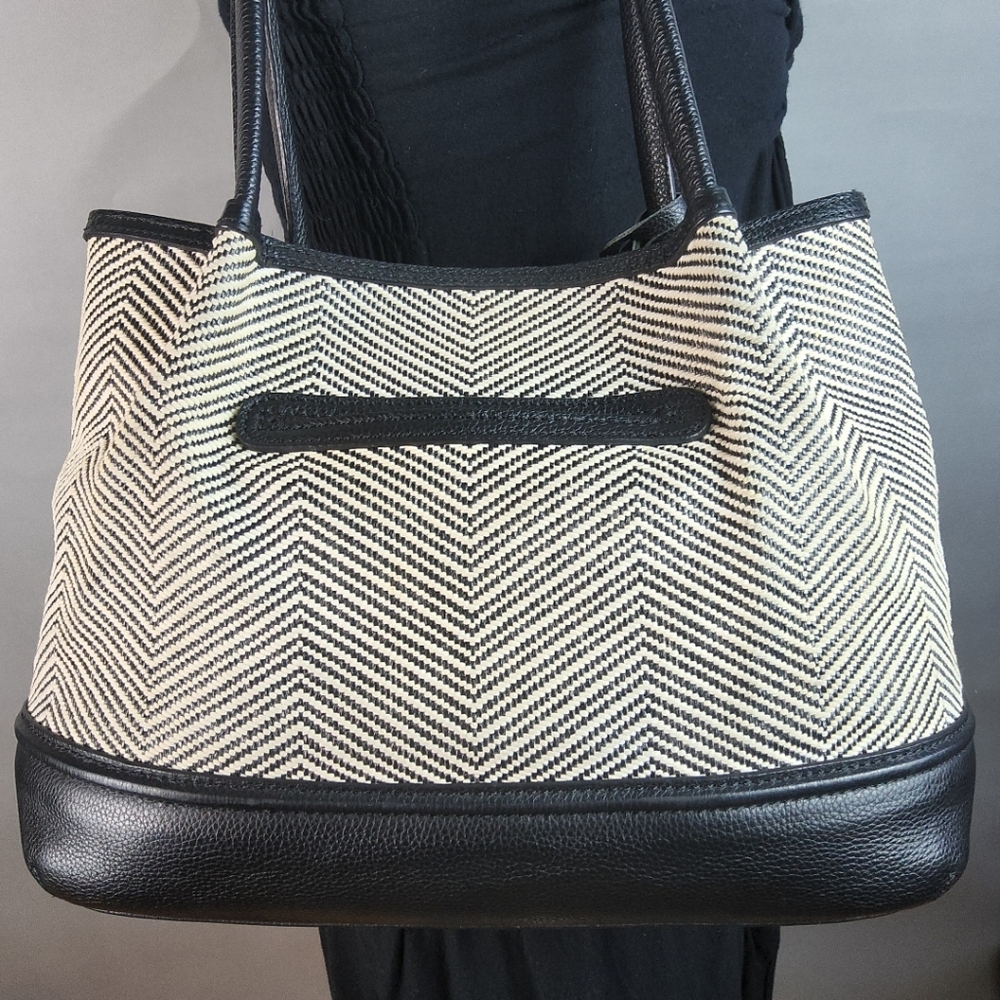 BRIGHTON Cala Tote Purse Blk & Wht Woven Black Leather Base ClassicCore ChicCore - Picture 3 of 12
